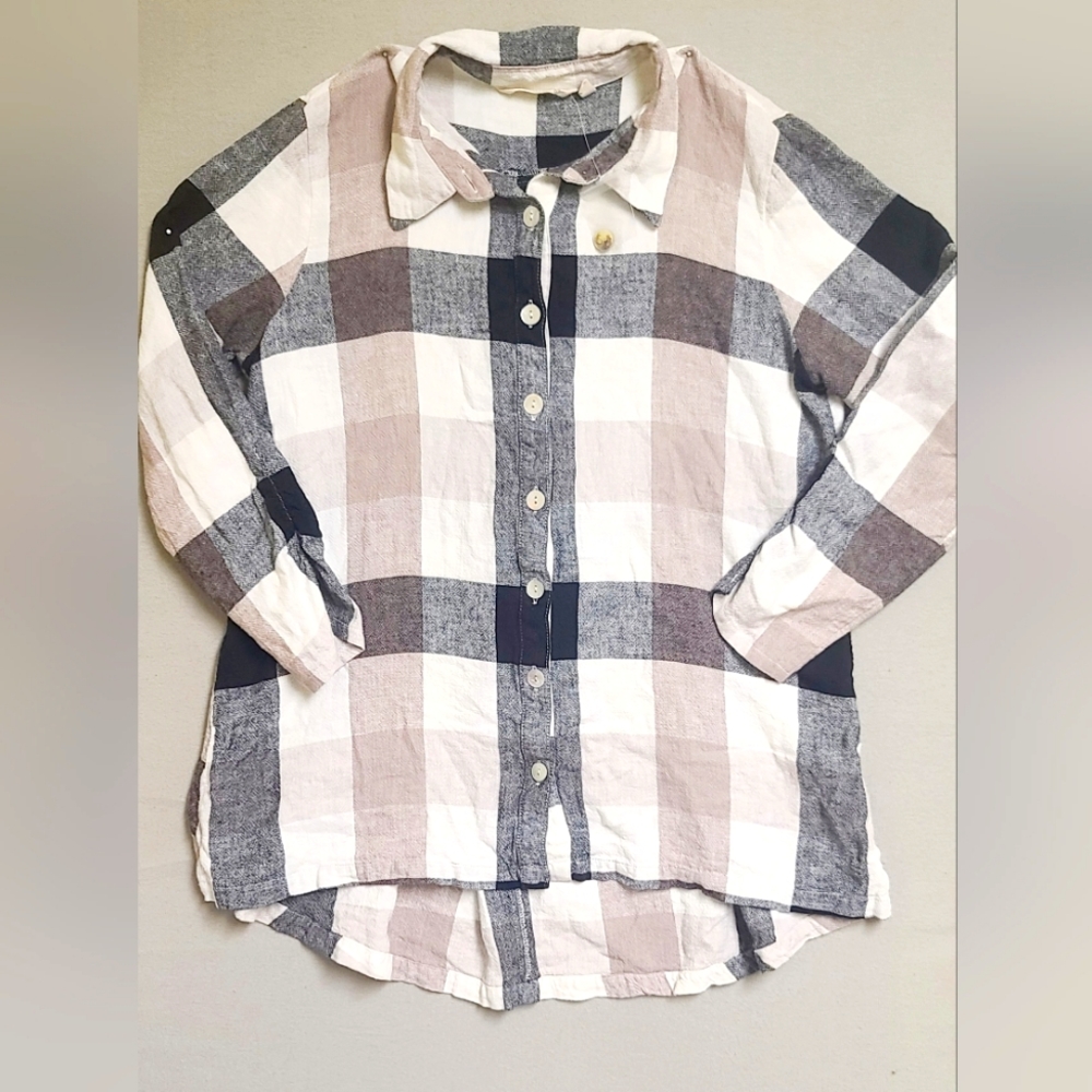 Soft Surroundings Women's Shirt L Plaid Button Front Linen Blend Ivory/Charcoal